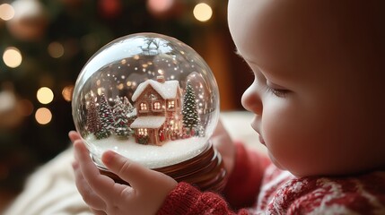Naklejka premium Captivating Snow Globe with Baby s First Christmas Delight