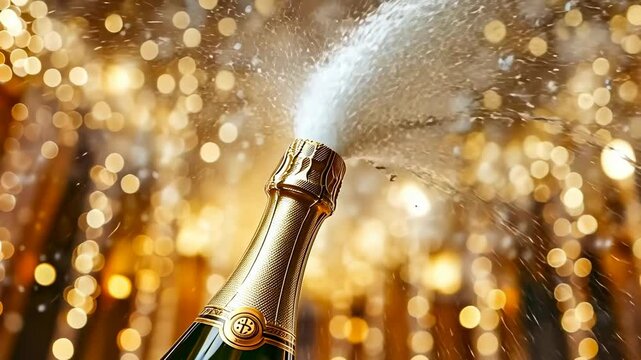 An erupting champagne bottle sprays liquid joy, symbolizing celebration; sparkling bokeh background amplifies a festive atmosphere. Captures the essence of jubilation and luxury.