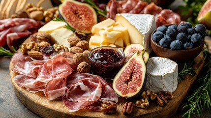 Delightful festive charcuterie board featuring prosciutto, cheeses, fig jam, nuts, and dried fruits