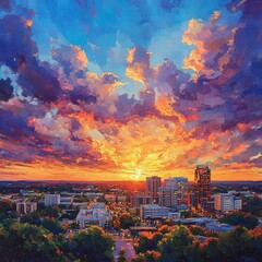 Fototapeta premium Stunning sunset over a vibrant cityscape captures the essence of urban beauty