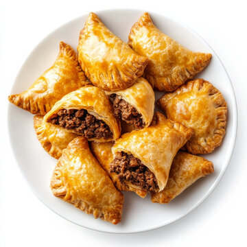 A plate of beef empanadas, isolated on a white background, showcasing a savory pastry snack
