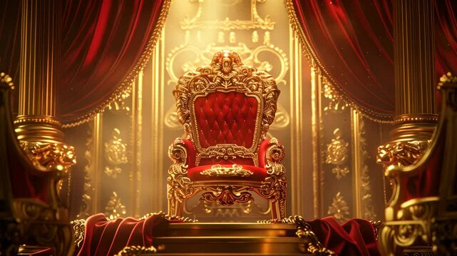 A grand golden red throne room with a large ornate throne in the center, surrounded by red curtains and gold accents