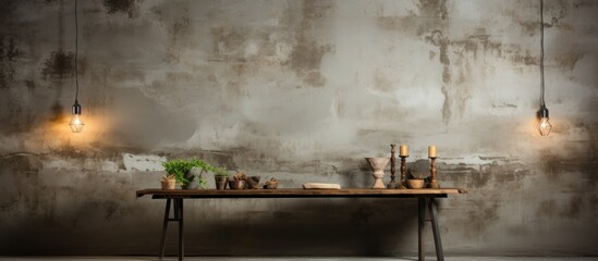 Rustic wooden table with hanging light bulbs against a distressed concrete wall.