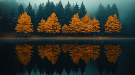Obraz premium A row of trees with yellow leaves stands on the shore of an artificial lake, their reflections in the water, with a coniferous forest in the background