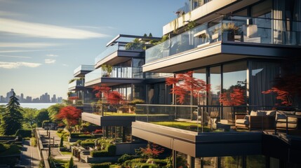 Modern apartment building with balconies and greenery.
