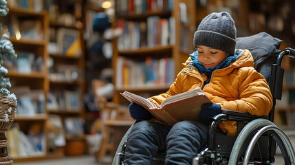 Boy in Wheelchair Reading a Book in a Bookstore - Photo