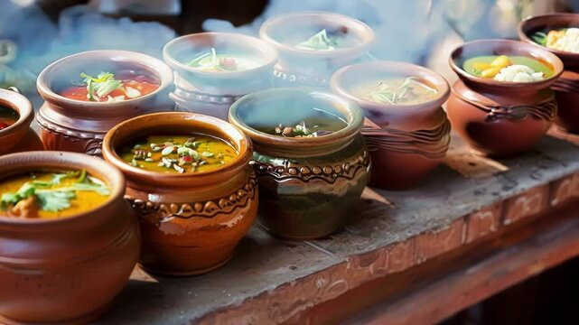 Closeup of colorful curry dishes served in traditional earthenware bowls, showcasing the rich flavors and aromas of indian cuisine