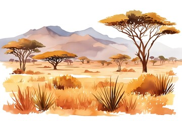 African landscape illustration. Watercolor sketch of safari. Panorama of african desert with acacia tree, grass and mountains.