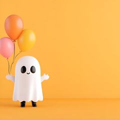 3D Ghost with Balloons on Orange Background