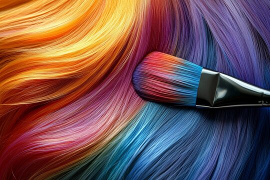 A creative hair coloring session featuring a vibrant color brush applying dye with skill and artistry in a modern salon