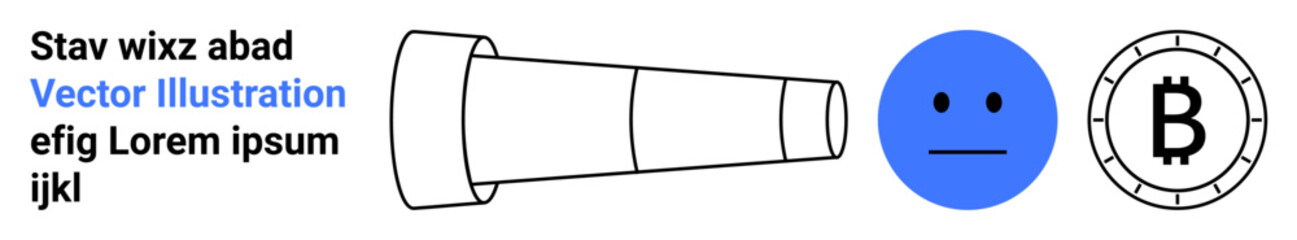 Telescopic device, blue neutral face, Bitcoin symbol, and sample text elements. Ideal for technology, finance, cryptocurrency, emotion, search, exploration education themes Perfect