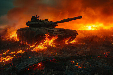 Tank on fire moves through blazing battlefield surrounded by flames and smoke, depicting intense military action, illustrating the relentless struggle and sacrifice in wartime