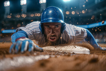 Close up of baseball player sliding to home plate, capturing intensity and action under bright stadium lights, illustrating drama and excitement of pivotal moment in baseball game