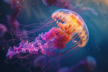 Fototapeta premium One vibrant bioluminescent jellyfish gliding through deep sea, showcasing its luminous and colorful tentacles, jellyfish creating mesmerizing and ethereal underwater spectacle