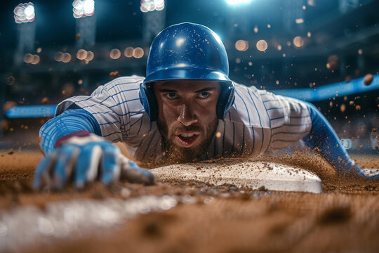 Close up of baseball player sliding to home plate, capturing intensity and action under bright stadium lights, illustrating drama and excitement of pivotal moment in baseball game - Powered by Adobe