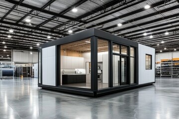 Modern modular home showcased in production facility with sleek design and efficient building processes for residential living