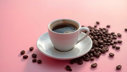 Fototapeta premium white cup of coffee with beans on pink background