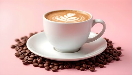 Obraz premium white cup of coffee with beans on pink background