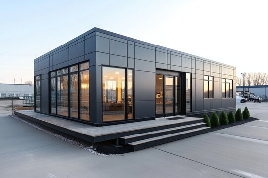 Modern modular home showcased inside a production facility with sleek design and efficient building processes for residential units