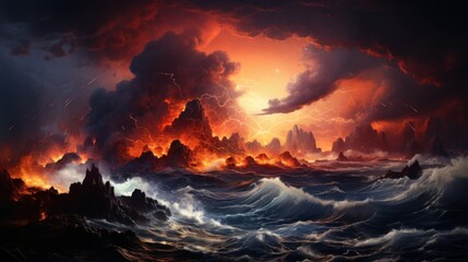 Naklejka premium Dramatic fiery sunset over a stormy sea with rocky islands.