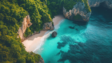 Naklejka premium A top-down view of a dramatic coastline, where towering cliffs meet turquoise waters, and pristine white sandy beaches curve along the shore, creating a breathtaking seascape.
