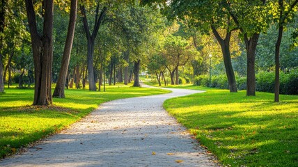 Fototapeta premium Serene park path winds through lush green trees on sunny day