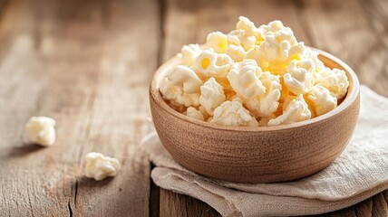 Fluffy popcorn in wooden bowl on rustic table