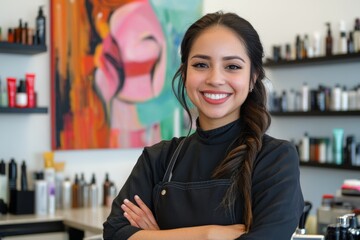 Happy beauty salon worker standing confidently in a modern salon surrounded by hair and skin care products