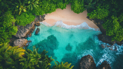 An overhead view of a pristine beach with soft white sand, clear turquoise waters, gentle waves, and surrounded by lush tropical vegetation and rugged rocky outcrops.