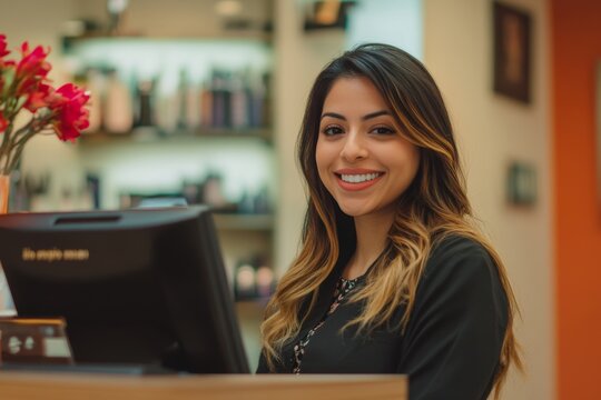 Smiling Hispanic female receptionist at a beauty salon welcomes clients with a friendly demeanor during daylight hours