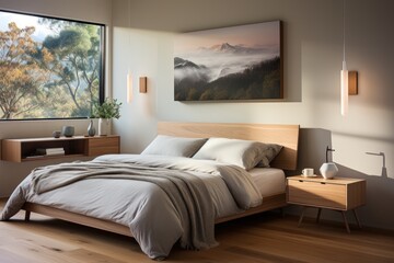 A modern bedroom with a large window, a wooden bed frame, a bedside table, a lamp, and a painting on the wall.