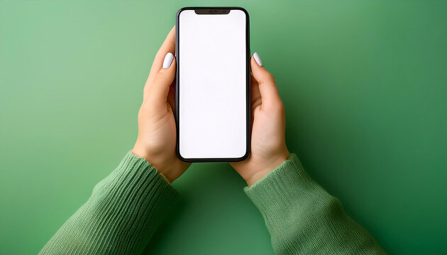 A woman hands hold a smartphone with a blank screen against a bright green background. Generative AI.