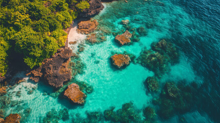 An overhead view of a vivid coral reef teeming with colorful marine life, set in crystal-clear blue water, with scattered distant islands adding depth to the lively maritime scene.