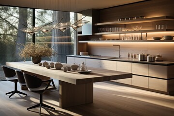 Modern kitchen with large windows, wooden cabinets, and a dining table in the foreground.