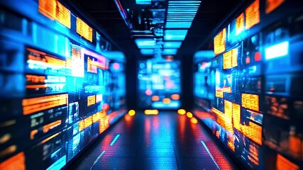 Futuristic hallway with glowing digital screens on the walls. - Powered by Adobe