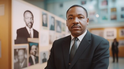 Fototapeta premium A man in a suit stands in front of a wall of black and white portraits, looking directly at the camera.