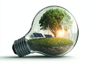 a glowing light bulb filled with a miniature green landscape, featuring a small wind turbine and solar panel inside, symbolizing renewable energy background concept
