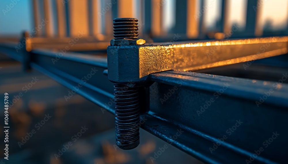 Poster close-up view of a metal bolt and nut securing a structural frame, showcasing texture and illuminati