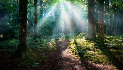 Obraz premium Sunbeams pierce a misty forest