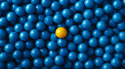 Single yellow ball standing out among many blue balls, creating a striking visual contrast