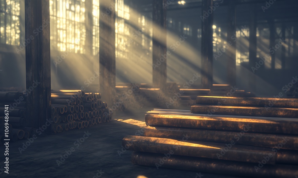 Poster sunlight streams through a rustic, abandoned structure, highlighting wooden logs on the floor, creat