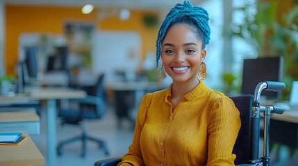Smiling Woman in Wheelchair in Office - Photo