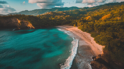 A peaceful beachscape featuring fine white sand and calm, transparent waters, with gentle waves softly breaking, backed by rolling hills and sparse greenery.