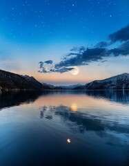 Moonlit lake with mountains