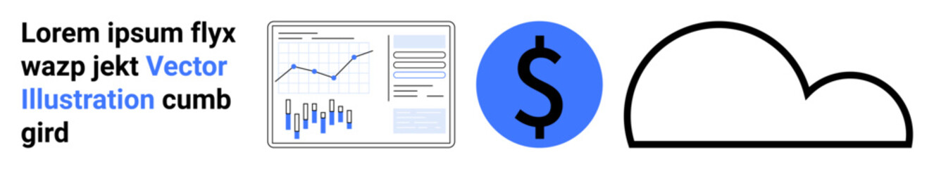 Bar and line charts, blue dollar symbol, black cloud icon. Ideal for data analysis, financial reports, cloud storage, business presentations, economic planning, budgeting, forecasting. Landing page