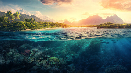A dramatic high-altitude shot of the ocean deep blue waters, revealing coral reefs just beneath the surface, with a backdrop of lush islands in the distance.
