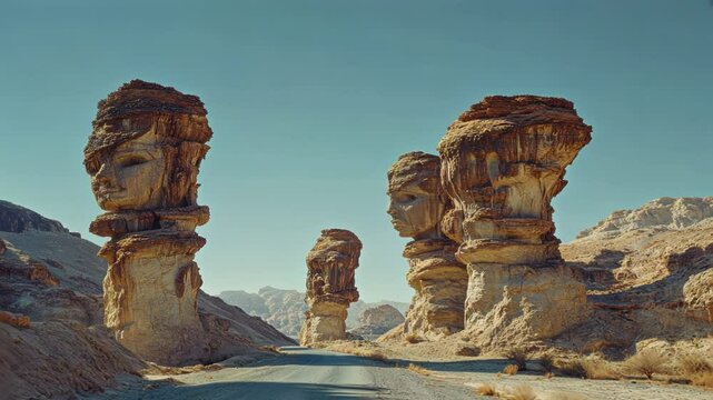 Unique Rock Formations Resembling Human Faces in Desert Landscape