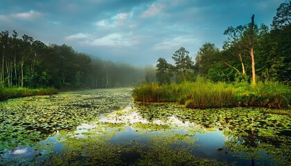 Misty morning lake with green reeds