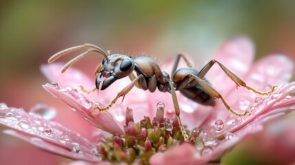 Naklejka premium Ant navigating the petals of a bright pink flower, closeup shot, textures and fine details, soft background blur