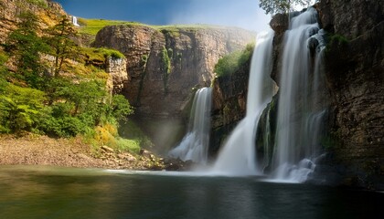 Majestic waterfall in a lush canyon.